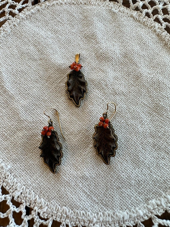 Vintage Bog Oak and Coral Earrings and Pendant, Go