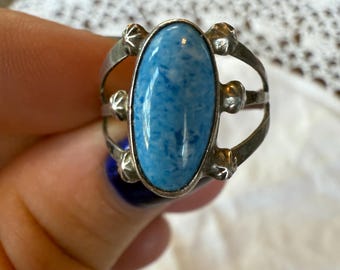Anillo vintage de turquesa y plata de ley, plata de ley, ovalado, talla 8 (EE. UU.), joyería, años 70