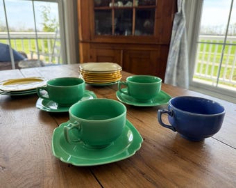 Antique Homer Laughlin Riviera Cups and Saucers, Green, Blue, Yellow, White, Ceramic, Retro, MCM, Made in USA, Sold Individually, 1930-40s