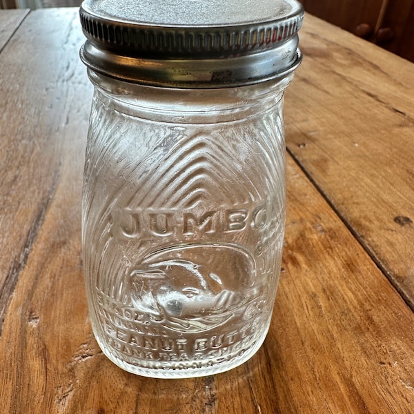 Antique Jumbo Peanut Butter Glass Jar, Lid, Cincinnati, OH, 5.5oz, 1930s