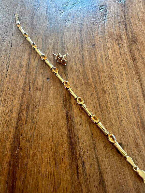 Vintage Citrine and Gold Bracelet and Earrings Set, 14 Karat Gold, Post Earrings with Small Diamonds, Jewelry, 1980s