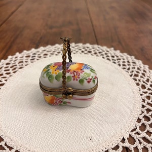 Vintage Limoges Miniature Basket, Floral and Fruit Design, Hand Painted Porcelain Trinket Box, Made in France, 1980s