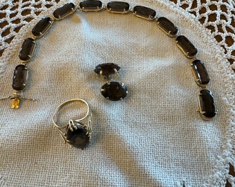 Vintage Smoky Quartz and Gold Bracelet, Earrings, and Ring Set, 14 Karat Gold, Post Earrings, Jewelry Set, 1980s