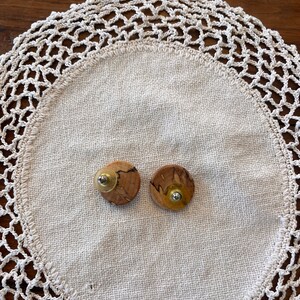 Vintage Spalted Maple Wood Earrings, Round, Handmade, Jewelry, 1980s image 3