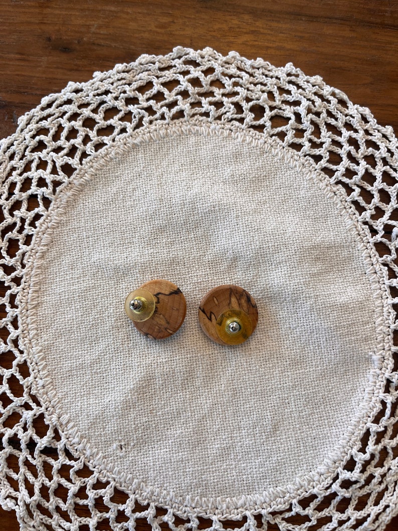 Vintage Spalted Maple Wood Earrings, Round, Handmade, Jewelry, 1980s image 3