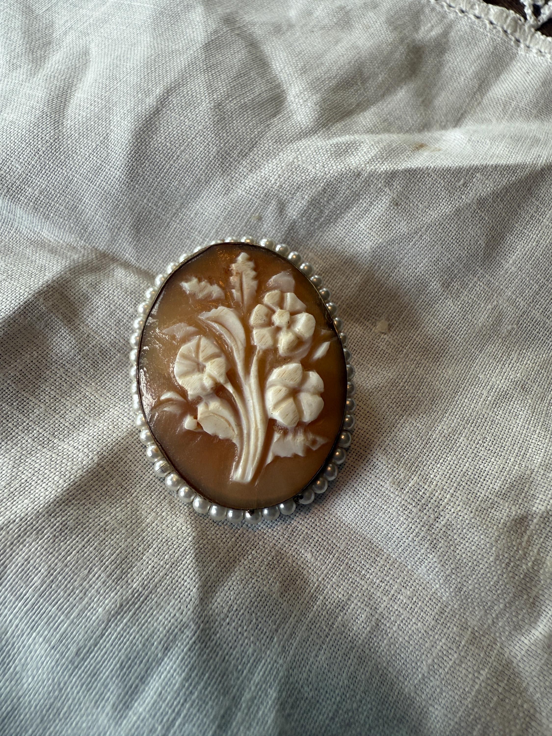 Antique Floral Shell Cameo, Oval Shaped, Gold Plated, Pendant