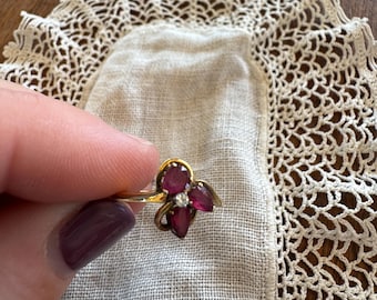 Vintage Ruby and Diamond Ring, 14 Karat, Floral Pattern, Size 6.5, 1960s