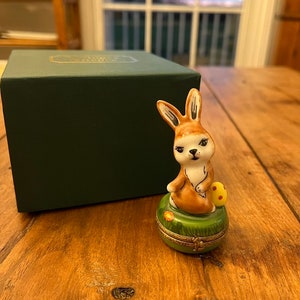 Vintage Limoges, Bunny with Easter Egg, Hand painted Porcelain Trinket Box, Chick Painting on Inside, Made in France, 1980s