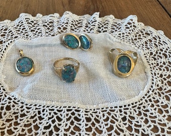 Vintage Opal Doublet and Gold Jewelry Set, Slide Pendant, Pendant, Ring, Earrings, Jewelry, Sold Individually Or As Set, 1980s