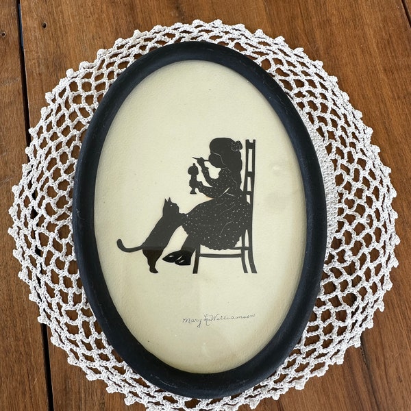 Antique Scherenschnitte Girl with Cat, Framed, Black and White, Scissor Cutting Art, Made in USA, Newark, OH, 1970s