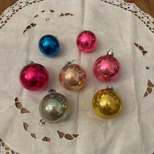 Vintage Glass Bulb Christmas Ornaments, Glass Bulbs, Set of 7, Two Sizes, Multi-color, Made in USA, 1940s