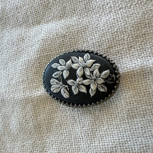 Vintage Black Stone and Sterling Silver Flower Brooch, Sterling Silver, Jewelry, 1950s