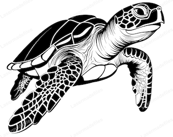 May include: Black and white silhouette of a sea turtle swimming. The turtle has a detailed shell and flippers.