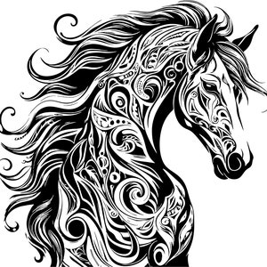 May include: Black and white line art illustration of a horse's head with intricate floral patterns. The horse's mane and tail are flowing in the wind.