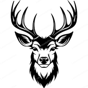 May include: Black and white silhouette of a deer's head with large antlers. The deer is looking directly at the viewer.