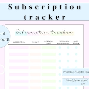 Subscription tracker, Printable Membership tracker, Expence tracker, Subscription list, Editable/FIllable PDF, A4/A5, Letter, half-letter