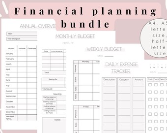 May include: Printable financial planning bundle with pages for annual overview, monthly budget, weekly budget, and daily expense tracker. The pages are designed in a minimalist style with black text on a white background.