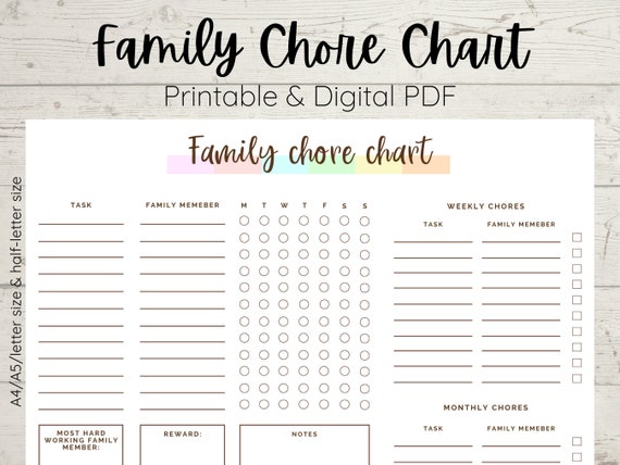 Family Chore Chart Printable Chore Checklist Family | Etsy