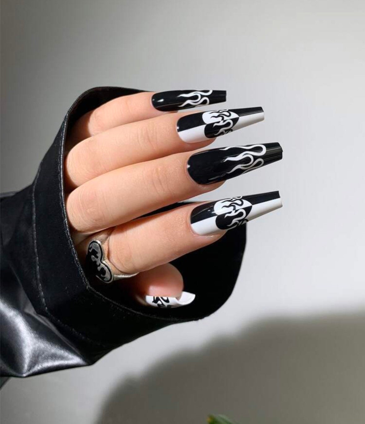 Long Coffin Heart and Flame Black Press on Nails Halloween - Etsy