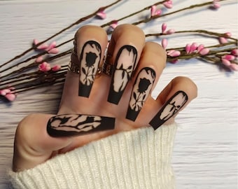 Long Coffin Rose Pattern Press on Nails| Halloween Nails | Press on Nails | Black Press on Nails