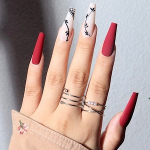 Red and White Abstract Valentine Press on Nails| Valentine Inspired Nails| Trendy Long Coffin Press on Nails| Cute Valentine Gift Nails