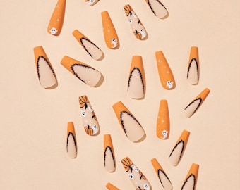 Long Coffin Orange Pumpkin Pattern Press on Nails| Fall Nails | Press on Nails | Orange Press on Nails