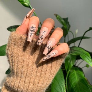 Abstract Line Art Coffin Nails| Cute fall press in Nails| Trendy Press on Nails