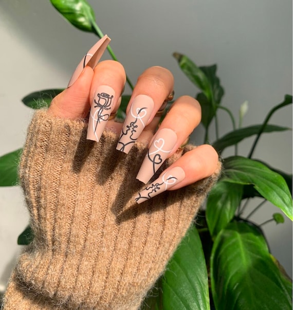 40 Expressive Fall Nail Art Designs to Flaunt : Brown Toned on Sheer Coffin  Press On Nails