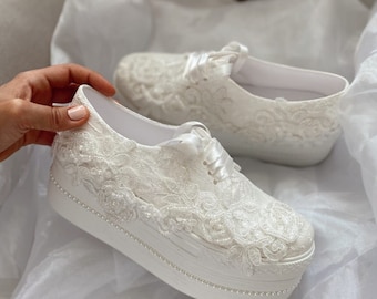 White Lace Bridal Sneakers – Platform Wedding Shoes, Comfortable Bride Sneakers for Reception & After Party