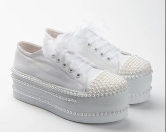 Bridal Platform Sneakers, Pearl Wedding Shoes, 6cm Heel