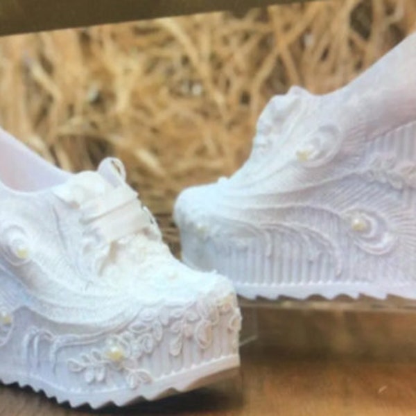 Scarpe da sposa, scarpe da ginnastica da sposa in pizzo bianco per spose, scarpe da ginnastica per damigelle d'onore, zeppe, scarpe da sposa, piattaforme, zeppa per la sposa, zeppa da sposa