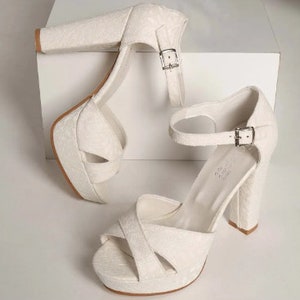 Ivory Shoes For Bride, White Wedding Shoes With Block Heels, Lace Bride Shoe Comfortable Bridal Shoes With High Platform
