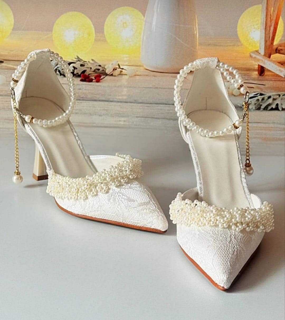 White Lace Pearl Bridal Heels, Elegant Mary Jane Wedding Pumps