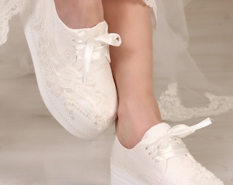 Embroidered Bridal Platform Sneakers, Wedding Shoes (7cm Heel)
