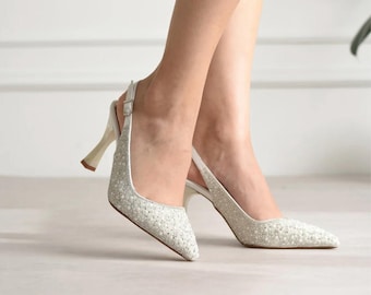 Pearl Bridal Slingback Heels, Elegant Pointed Toe Wedding Pumps, 9 cm Heel