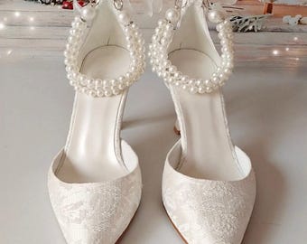 Lace Bridal Shoes, Pearl Stiletto Heel, Wedding Shoes