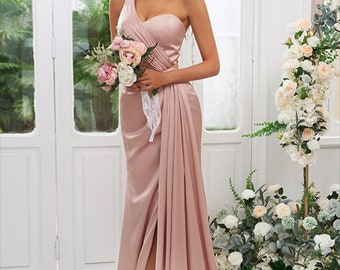 Bridesmaid Dress ,Ruched, One-Shoulder, Sleeveless ,Floor-Length ,Elegant ,Wedding Guest Dress, Party Gowns For Women