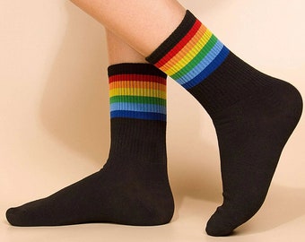 LGBTQ+ Pride Queer Gay Lesbian Trans Nonbinary Rainbow Crew Socks (Stripe Black)