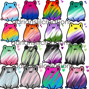 May include: A set of 16 frog illustrations, each with a different color scheme representing various pride flags. The frogs are all sitting with their legs crossed and have a happy expression on their faces.