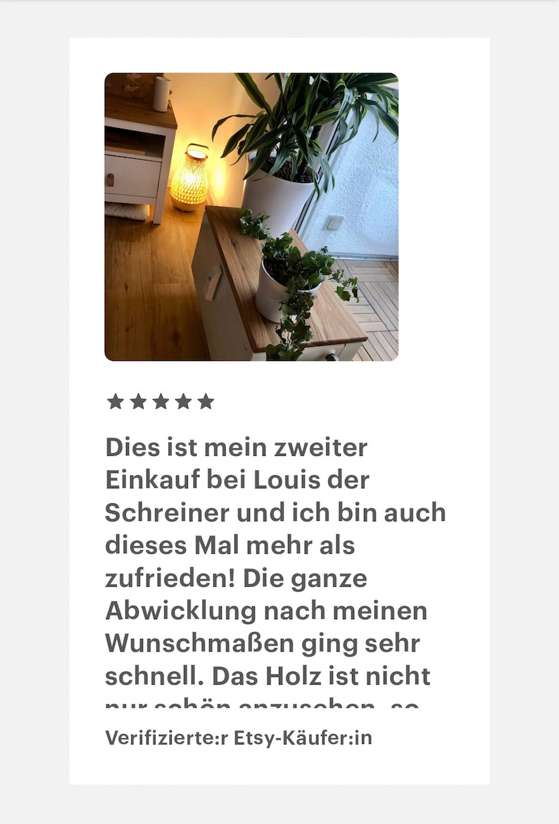 May include: A five-star review of a wooden table with a natural wood finish. The table is decorated with two potted plants and a lamp. The review text reads: "This is my second purchase from Louis the carpenter, and I am even more satisfied this time! The entire process, according to my specifications, was very fast. The wood is beautiful and easy to work with."