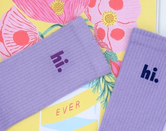 Tennis socks. Lilac. Personalized. Organic cotton. Flock print. CrewSocks. Breathable. Gift. Birthday. Bachelor/Bachelorette party. Easter. Mother's Day. Father's Day.
