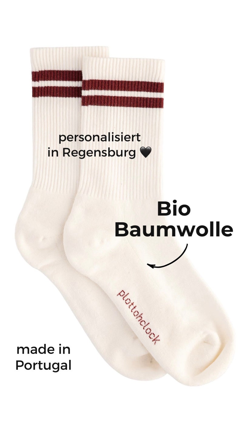 Crew Socks-Personalisiert-Tennissocken-beige mit weinroten Streifen-Bio Baumwolle-Geschenk-Coole Socke Bild 2