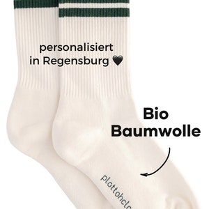 Crew Socks-personalisiert-Tennissocken-beige mit tannengrünen Streifen bedruckt Geschenk Coole Socke Socken Bio Baumwolle Bild 2