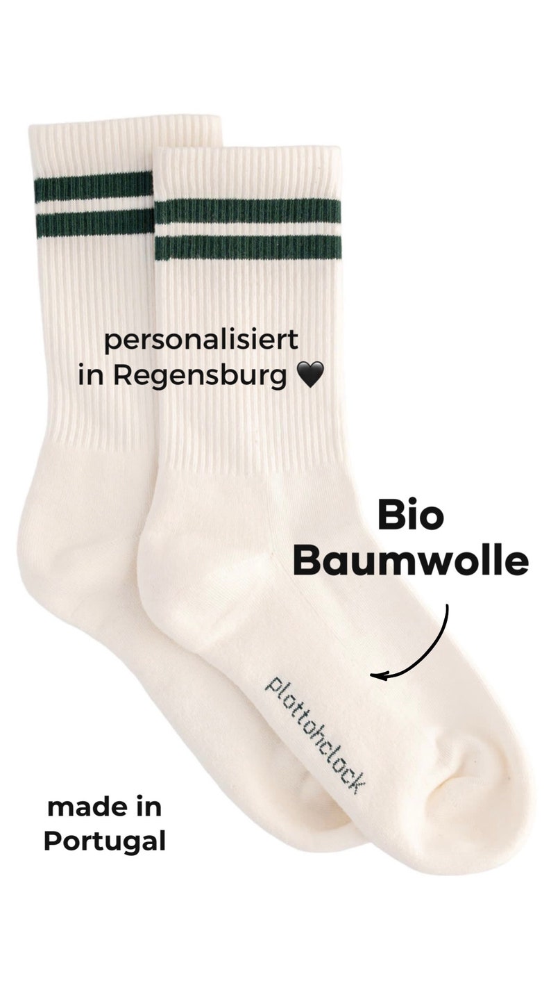 Crew Socks-personalisiert-Tennissocken-beige mit tannengrünen Streifen bedruckt Geschenk Coole Socke Socken Bio Baumwolle Bild 2