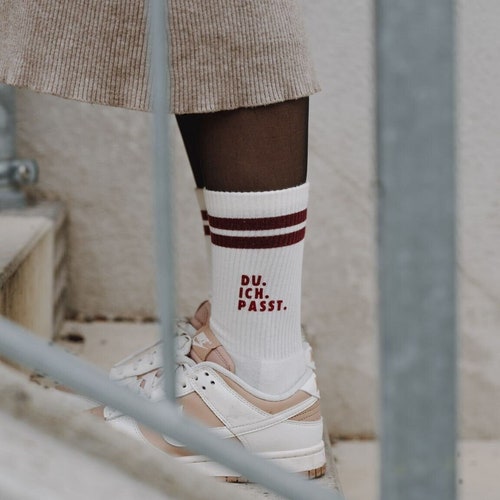 Tennis socks. Off-white with burgundy stripes. Personalized. Organic cotton. Flock print. CrewSocks. Gift. Birthday. Easter. Mother's/Father's Day.