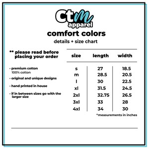 Op de afbeelding: Maattabel voor "comfort colors" kleding, met een witte achtergrond en blauwe rand. De tabel bevat afmetingen in inches, met maten van S tot 4XL. Het "Ctm apparel" logo staat bovenaan.