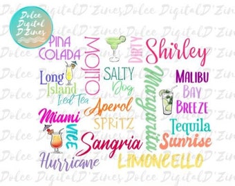 Summer Cocktails PNG, Colorful Drink Names PNG, Cocktail Sublimation Design, Digital Drinks Sublimation Design, Instant Download