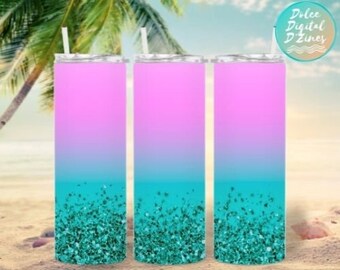 Ombre Teal Glitter Skinny Tumbler PNG, Pink and Blue Ombre Sublimation Design, Printable Art, Instant Download