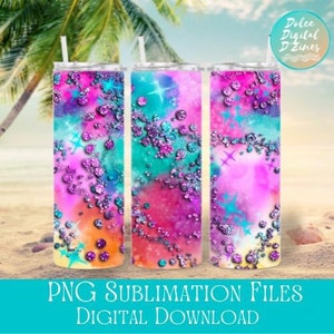 Watercolor and Gemstone Tumbler Wrap PNG for Sublimation, Pink, Purple, Turquoise Glitter Tumbler, Instant Download