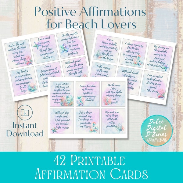 Printable Affirmation Cards for Beach Lovers, Daily Affirmations, Journal Prompts, Vision Board Quotes, Positive Self Care, Instant Download